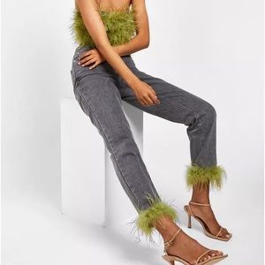 BOOHOO Grey Green Feather Trim Straight Leg Jeans Plus UK 22 EU 50 US 18 NWT
